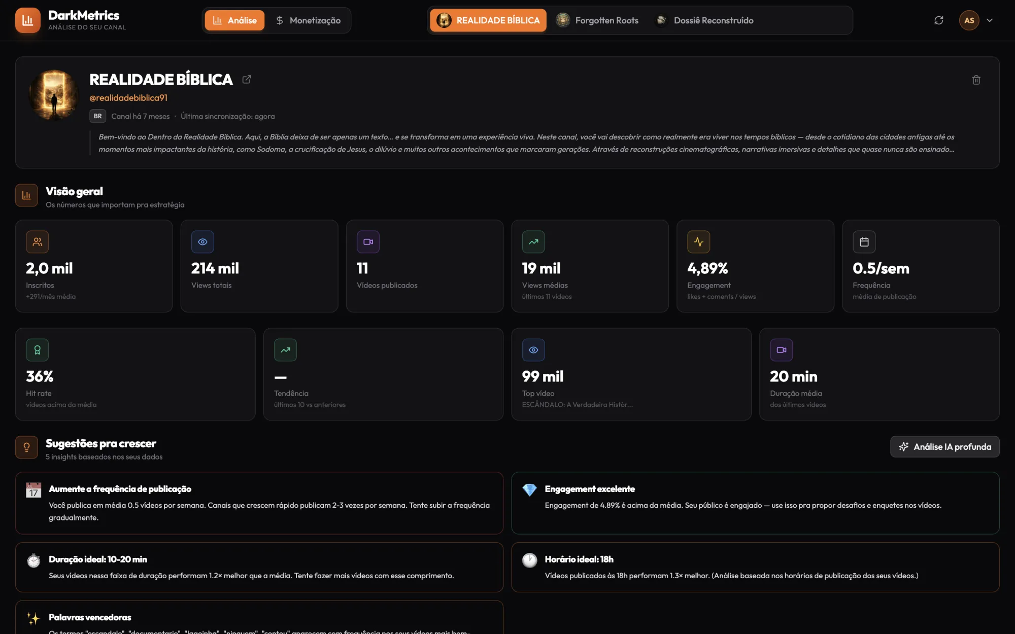 darkmetrics.omarcosdecastro.com.br — Análise, Monetização, Visão geral, Hit rate, Sugestões, Análise IA profunda