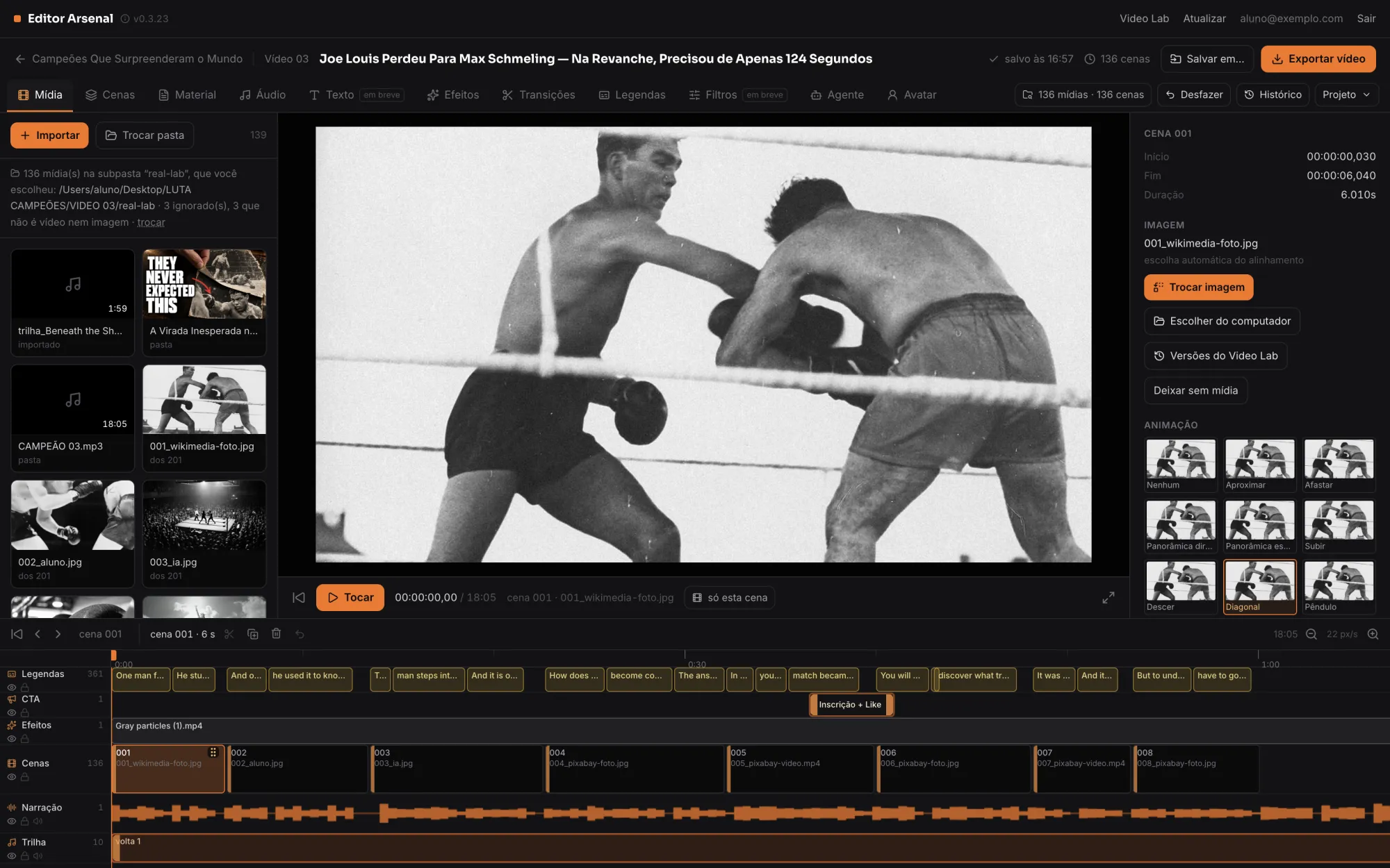 Editor Arsenal 0.3.23 — Mídia casada, Transições, Legendas, Agente, Exportar vídeo, Prévia