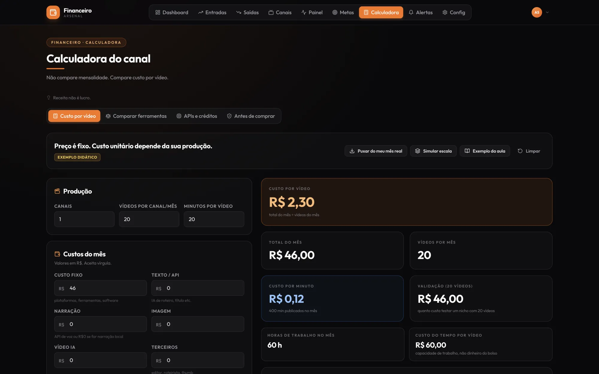 financeiro-fase1-chi.vercel.app — Abas, Custo por vídeo, Exemplo da aula, Custos do mês, Resultado