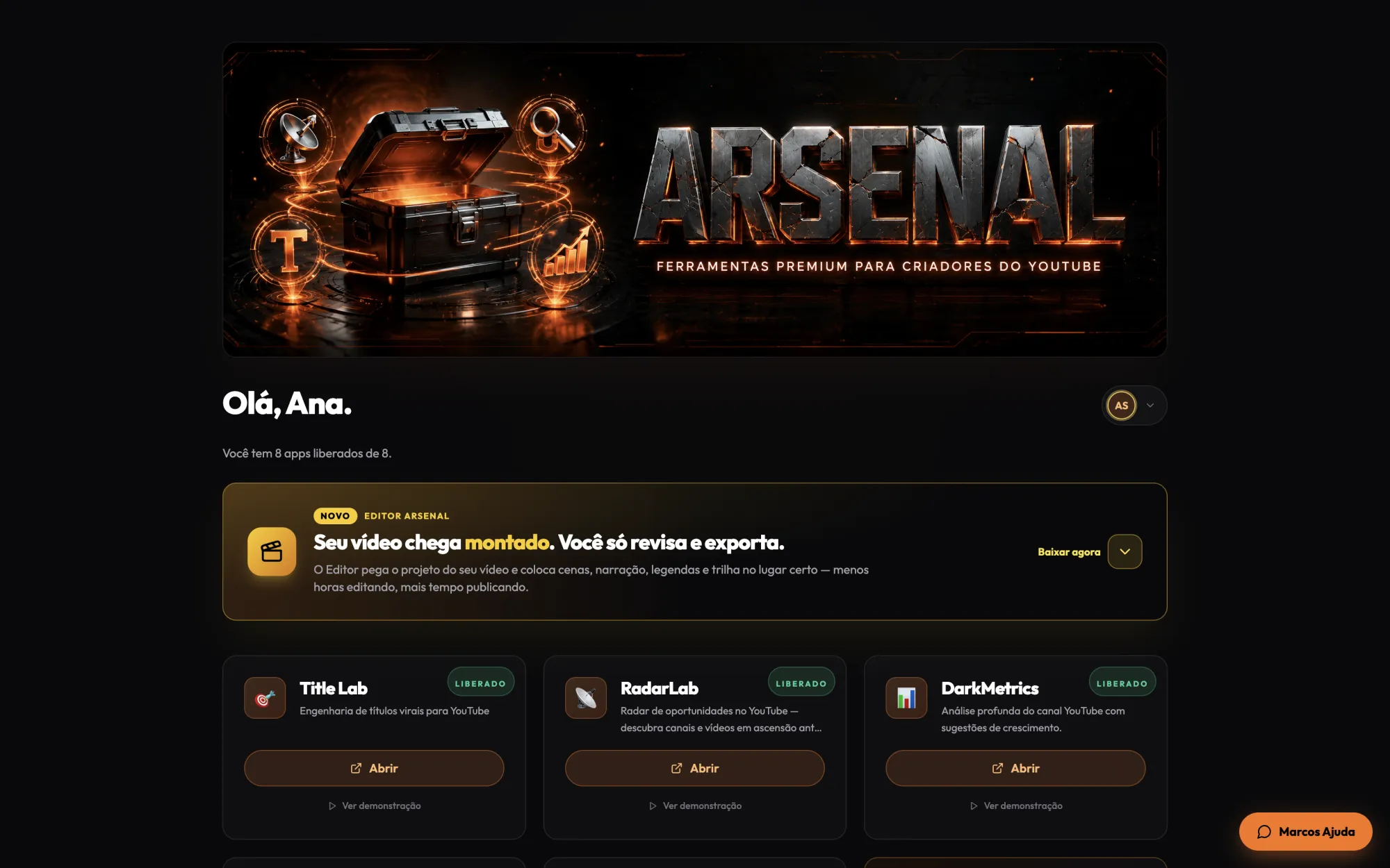 arsenal.omarcosdecastro.com.br — Seus apps, Editor Arsenal, Abrir, Ver demonstração, Marcos Ajuda