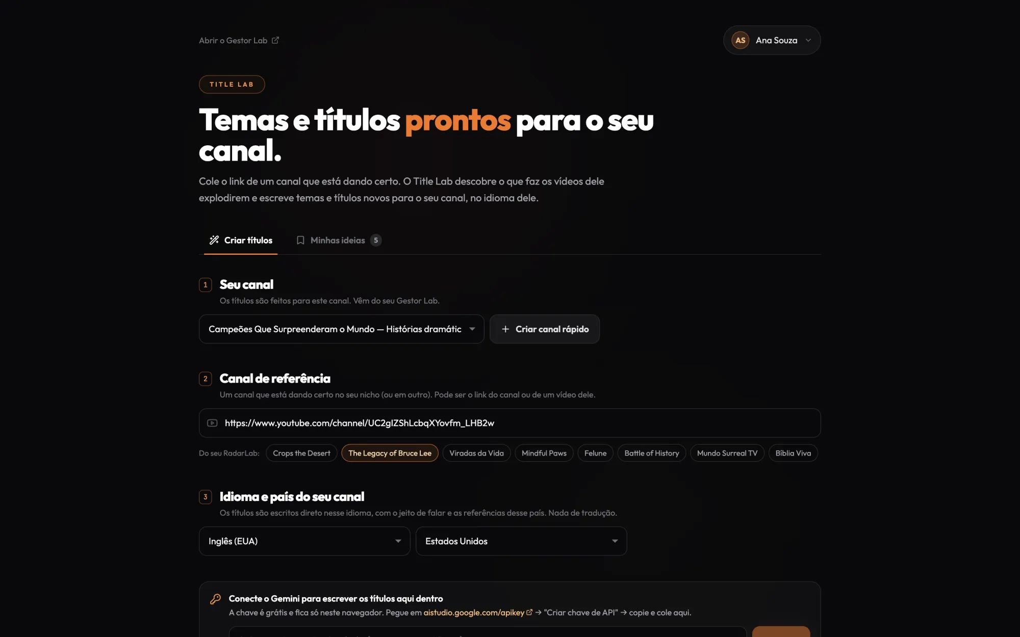 titlelab.omarcosdecastro.com.br — Seu canal, Canal de referência, Do seu RadarLab, Idioma e país, Gemini
