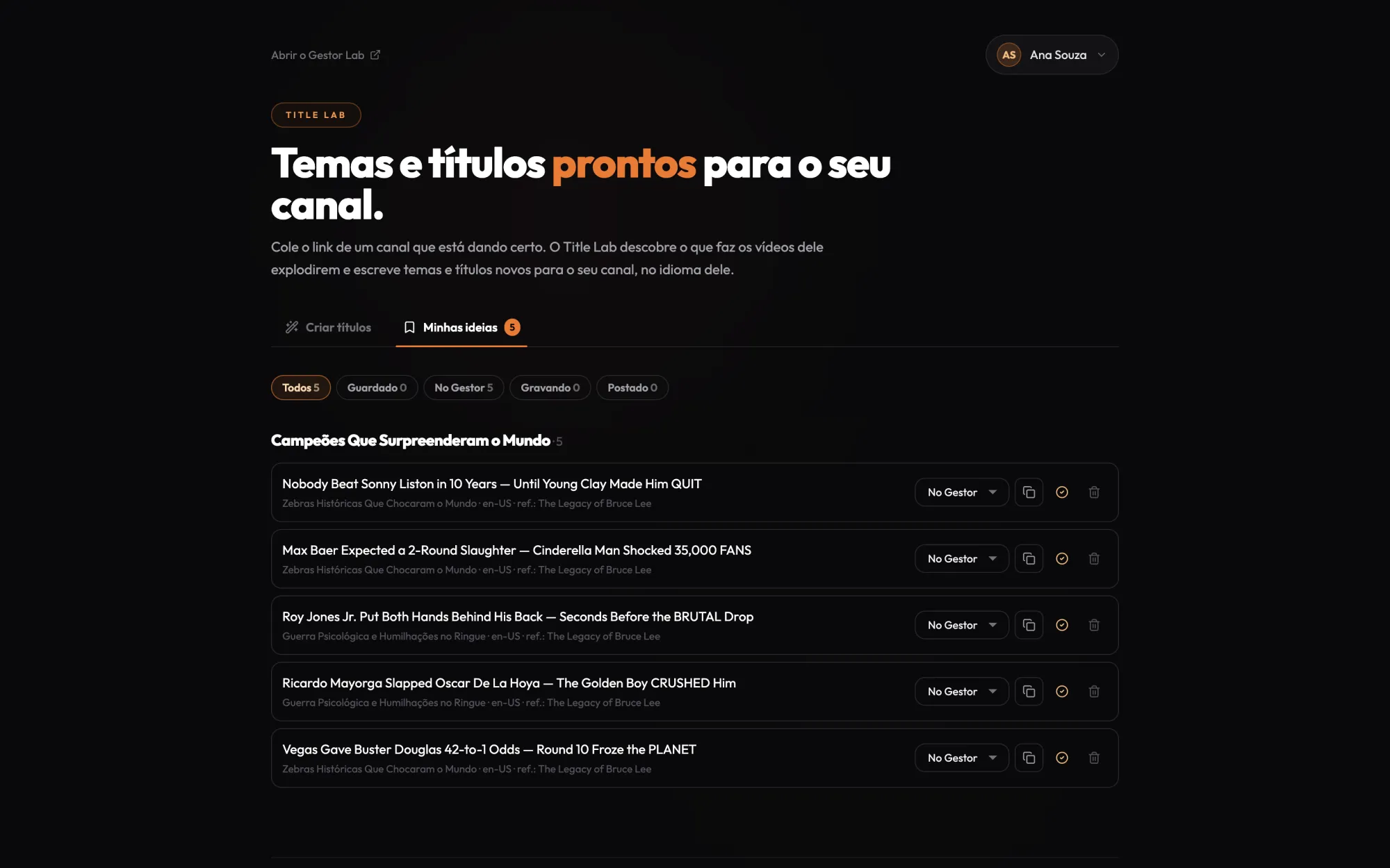 titlelab.omarcosdecastro.com.br — Situação de cada ideia, No Gestor, Título pronto, De onde veio