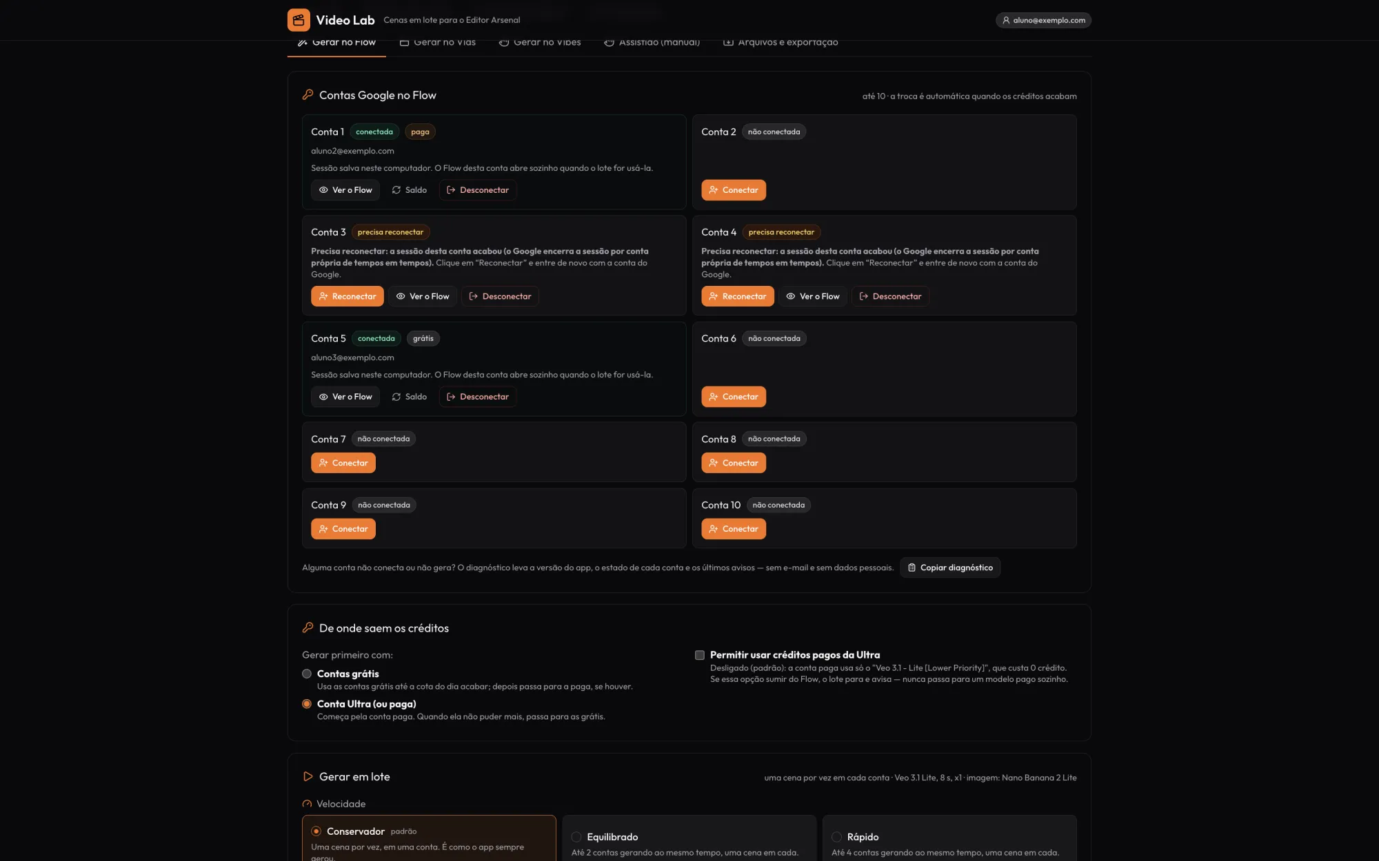 Video Lab — dentro do Editor Arsenal — Até 10 contas, Conta conectada, Grátis ou paga, Saldo, Diagnóstico