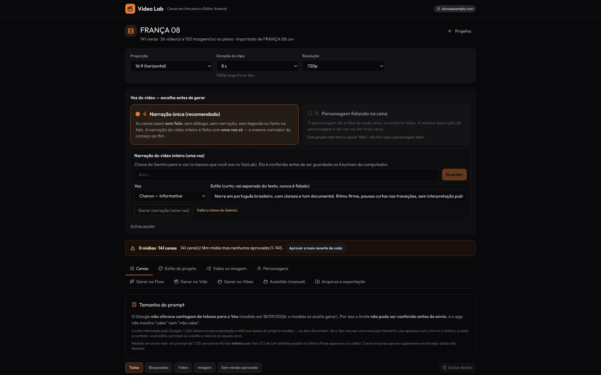 Video Lab — dentro do Editor Arsenal — Plano do vídeo, Proporção, Duração do clipe, Resolução, Voz do vídeo, Onde gerar