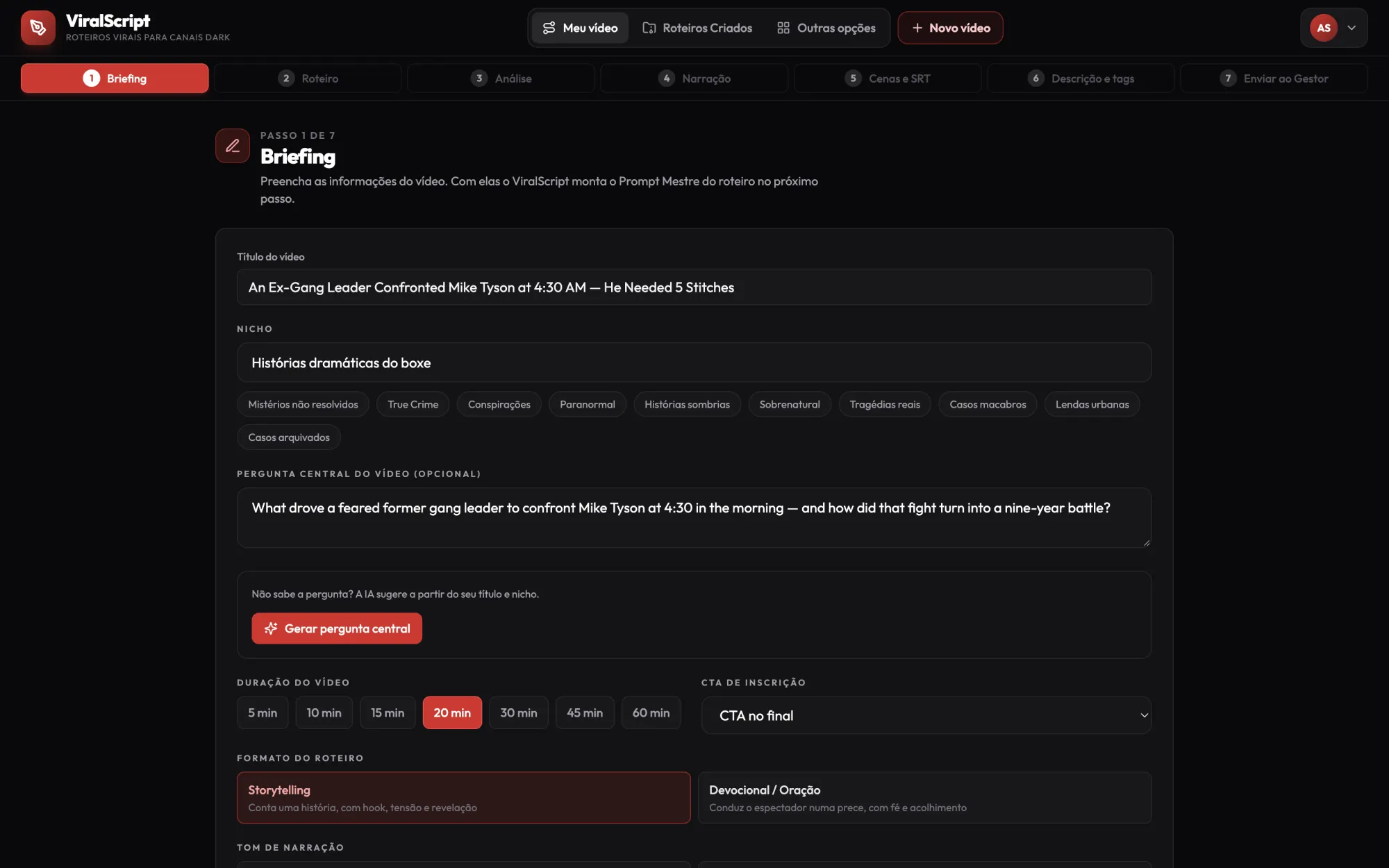 viralscript.omarcosdecastro.com.br — Trilha de 7 passos, Título do vídeo, Nicho, Pergunta central, Duração, Formato