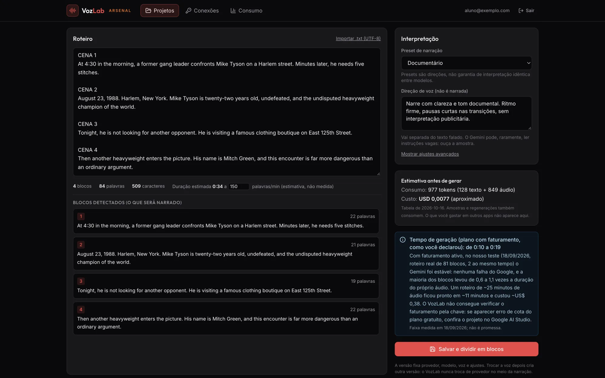 vozlab.omarcosdecastro.com.br — Roteiro, Preset de narração, Direção de voz, Estimativa antes de gerar, Salvar e dividir